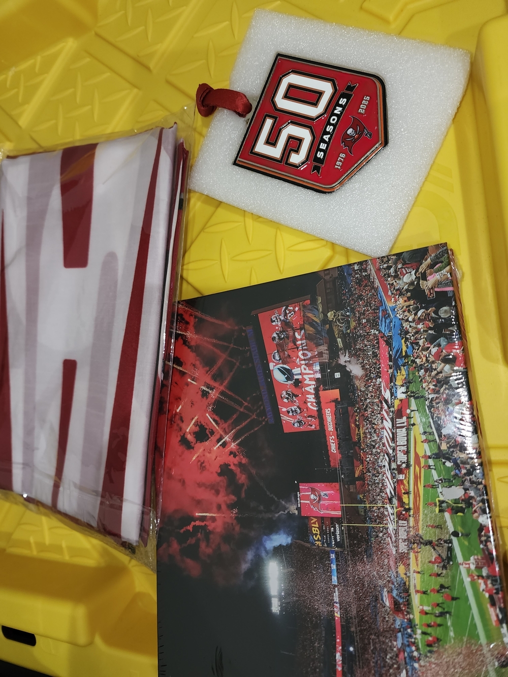 Tampa Bay Buccaneers 50th Seasons Commemorative Tag & Red-White Flag, And Book